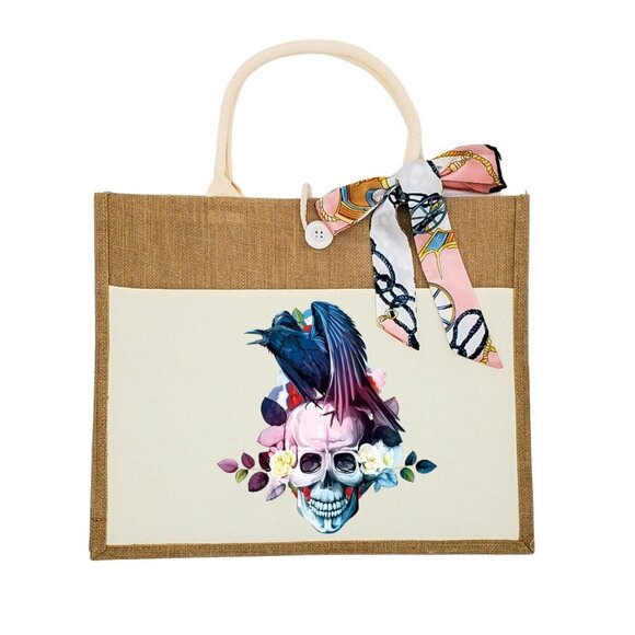Custom Canvas Tote Bag, Large Size - Skulls Option #3 - Black or Cream Tote - Picture 2 of 14